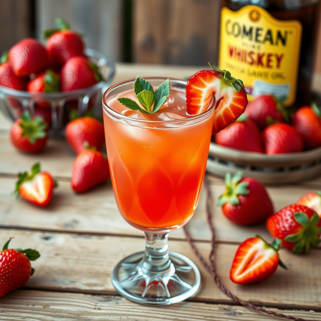 Strawberry whiskey sour cocktail in a glass with fresh strawberry garnish on a wooden table.